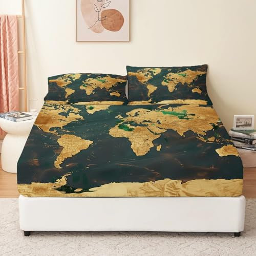 Spannbetttuch-Set Vintage Weltkarte Bedrucktes, 180 x 200 cm Weiches Microfaser Spannbettlaken Für Kinder Teenager, Dunkelbraun Tiefe Tasche Spannbetttucher Mit 2 Kissenbezügen
