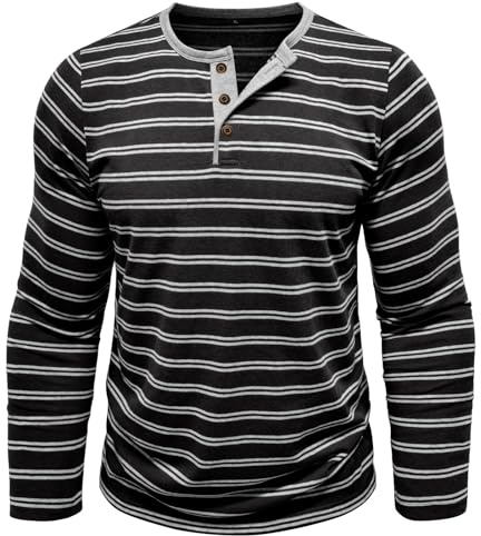 MakingDa Camisas Henley de manga larga para hombre, con rayas de contraste, con botones, cuello Henley, ajuste regular, transpirable, duradera, suave, ligera, casual, clásica, Negro, M