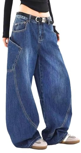 Lafaguw Baggy Jeans for Woman Men High Waisted Barrel Leg Jeans Casual Loose Denim Pants Streetwear Clothes(Blue1-L)