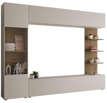 Lazando, parete multimediale, parete per armadio, parete pensile, vetrina, TV e mensola da parete (cashmere/cremona)