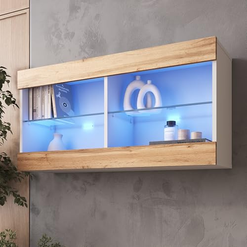 Komodee Tivoli Horizontal 100 Vetrina Sospesa, Bianco/Rovere Wotan, Illuminazione LED Blu, Larghezza 100 cm x Altezza 50 cm x Profondità 29 cm, Per Soggiorno, Sala Da Pranzo