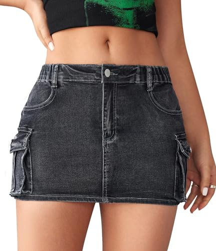 Adigau jeanskjol dam kort kjol med fickor hög midja kjol sommar jeanskjol sexiga kjolar stretch linda sommarkjol jeans minikjol minikjol Y2K höftkjol, svart, XL