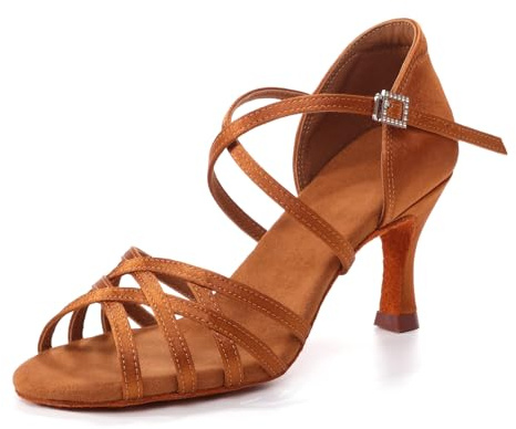 GYUBL Latin Dance Shoes for Women Open Toe Salsa Tango Bachata Professional Ballroom Dancing Shoes 3 Inch Heel Tan US 8
