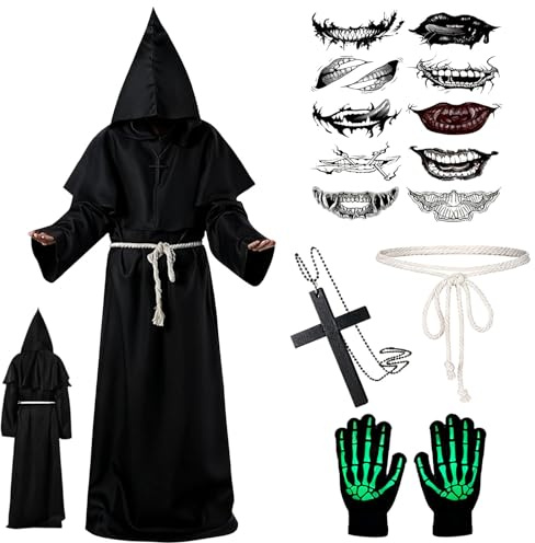 SARYLI Deguisements Moine, Costume Halloween Homme, Déguisement D'halloween Adultes Moine avec Collier-Croix, Costume Robe de Prêtre Médiévale pour Halloween Carnivals Partys Cosplays (L)