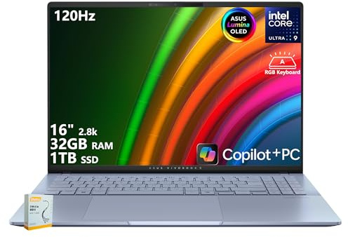 ASUS Vivobook S16 AI PC Laptop | 16 2.8k OLED 120Hz | Intel Core Ultra 9 285H | 32GB RAM 1TB SSD | RGB Backlit for Creator Designer Business Professional Win11 w/DLCA Accessory