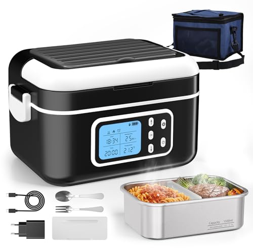 Almuerzo Fiambrera Electrica Recargable, 1,5L Taper Electrico para Comida con Pantalla LCD y Temporizador, Fiambrera Termica Portátil con Vajilla de Acero Inoxidable y Bolsa Aislante para Oficina