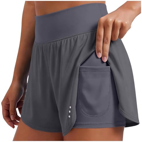 Pantalones Cortos de Correr 2 en 1 para Mujer Deportivos Shorts Mujer Verano Algodón Pantalones Cortos Deportivos con Bolsillos Ropa Deportiva Suaves y Transpirables para Yoga Fitness Jogging Casa