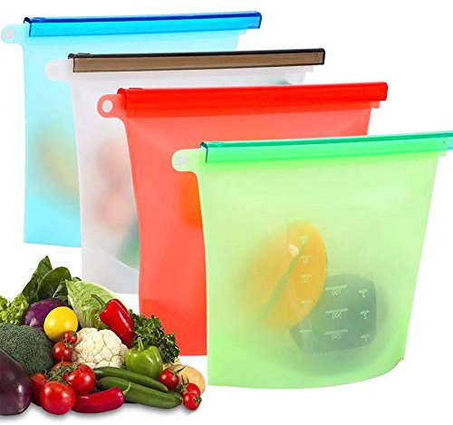 USETCC Sacchetti in Silicone per Alimenti, Senza BPA Sacchetti per Freezer Riutilizzabile a Tenuta Stagna, Extra Spessi, per Marinare, Frutta, Cereali Verdura, Carne(4x1L)