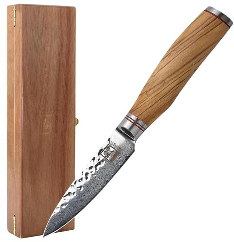 zayiko Minami Premium Officemesser mit 9 cm Klinge gefertigt aus 67 Lagen echtem Damaststahl mit Hammerschlag und Olivenholzgriff I Holzbox I Damastmesser Küchenmesser und Profi Kochmesser