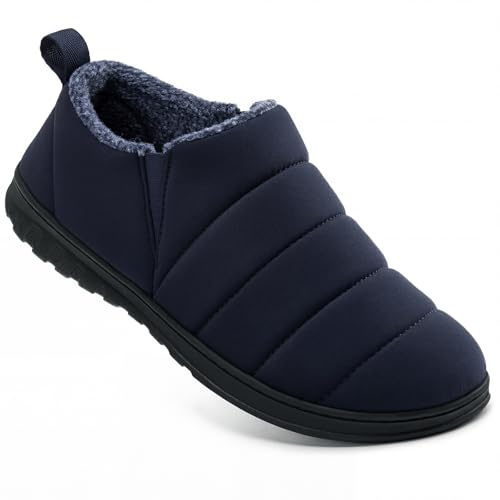 VeraCosy Men's Ankle Mule Slippers Warm Memory Foam with Elastic Gores | P.E.T. Ripstop Quilted Upper, Easy-Wear, Machine Washable, Sherpa Lining, Indoor and Outdoor, Non-Slip Rubber Outsole