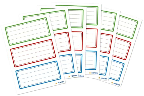 Herma 1791 - Etichette per libri scrivibili su tricolore, 18 pezzi, 76 x 35 mm, autoadesive, a righe, per scuola, bambini, ragazze, ragazzi, etichette adesive per libri, vuote, colorate, verde, rosso