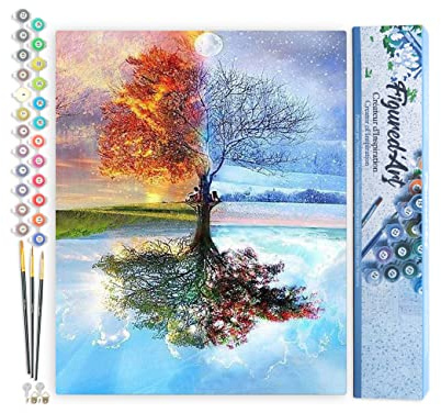 Figured'Art Malen Nach Zahlen Erwachsene Baum in vier Jahreszeiten - Paint by Numbers Basteln DIY Bastelset 40x50cm ohne Holzrahmen