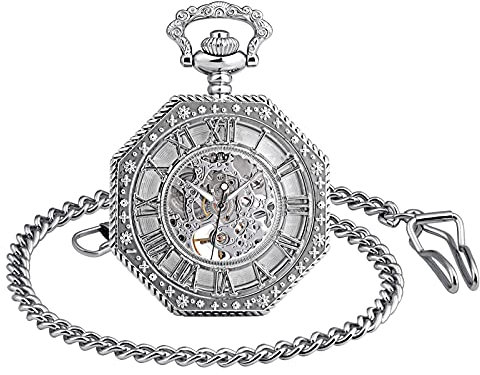 SUPBRO Damen Herren Taschenuhr Hexagon Analog Handaufzug Mechanische Kettenuhr Uhr mit Halskette Pullover Kette Silber