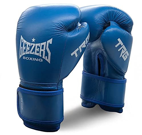 Geezers Boxing, Premium Leather TRG Training/Sparring Boxing Gloves, Hook and Loop gloves, Mens Womens Boxing gloves, ideal for punch bag, sparring and mitts pads training (14oz, Blue)