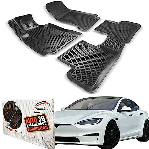 Trimak Passgenau 3D Fussmatten Auto Kompatibel mit Tesla Model S 2012-2022 Auto Zubehör 1. und 2. Reihe Gummimatten Autos TPE Allwetter Geruchlos rutschfest Vorne & Hinten Schwarz