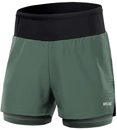 Doorslay Short de Course 2 en 1 Homme avec Poche Arrière Zippée Étanche - Short Running Taille Haute Respirant pour Gym Jogging Tennis - Short de Sport Homme(Vert M)