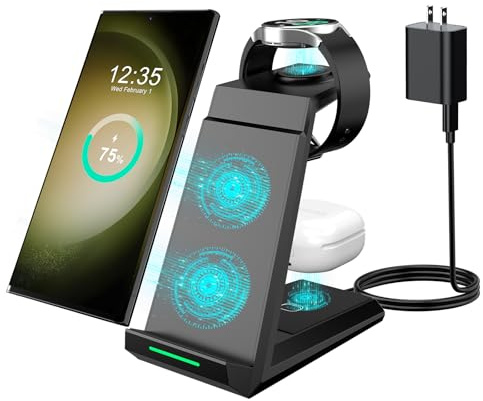 ADADPU 3 in 1 Wireless Charging Station for Samsung Galaxy S26 S25 S24 S23 S22, Charging Stand for Galaxy Watch 8/7/6/5/4/3 (Not for Watch 9/Ultra 2) and Galaxy Buds, 20W Adapter Included