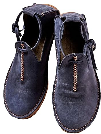 SIULAS medeltida PU-läderskor med platt botten – renässans häxstövlar med låg klack – steampunk retro casual läderstövletter – dam läderskor med rund huvud, blå, 43