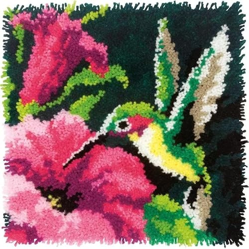 ROCKY&CHAO Latch Hook Cushion Kits for Adults, Latch Hook Pillow Case Kits Embroidery Kits 17X17Inch, DIY Needlework Pillow Cover Sofa Cushion Rug Making Kits, DIY Craft Kits 43x43 cm - Hummingbird