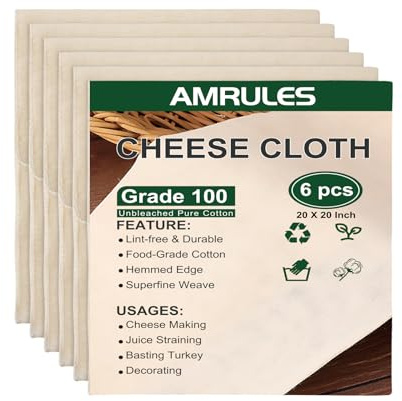 Amrules Cheese Cloths for Straining, 6PCS 20x20 Inch Grade 100 Cheese Cloth, Reusable Washable Unbleached Pure Cotton Cheesecloth for Cooking and Cheese Making with Hemmed Edge