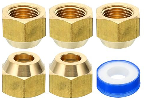 PATIKIL 3/8 SAE Dado a Compressione in Ottone, 5pz 45 Gradi Raccordo Tubo Svasato in Rame Tappo per Raccordo Tubo Ottone con Nastro Adesivo per Linea Gas Acqua Condizionatore Aria, Lucido