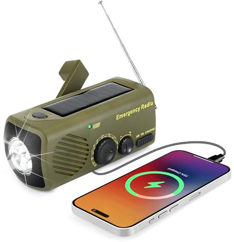 Radio solar de emergencia URPRO, radio portátil de manivela con AM/FM, batería externa recargable 3000mAh, alarma SOS, linterna LED, cargador USB para teléfono móvil, para camping y senderismo