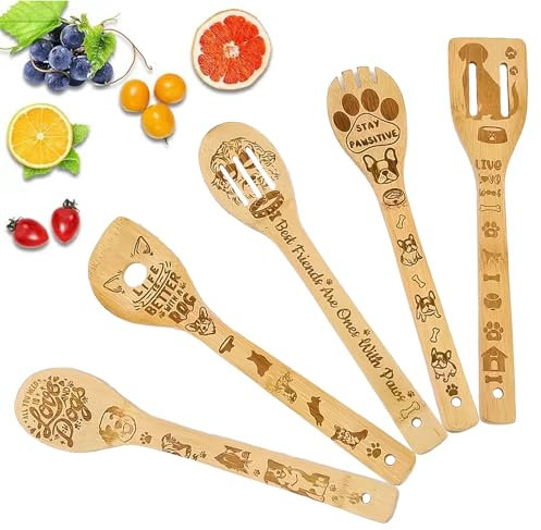 TICKLELY Juego de 5 utensilios de cocina – Cucharones y espátulas de madera – Perfectos para cualquier chef y cocina, cómodo y resistente – Modelo de cachorro