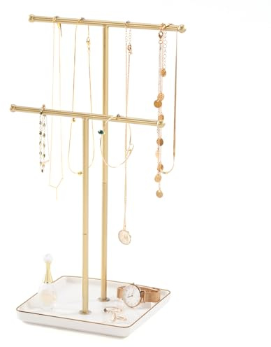 Lolalet Necklace Holder, Jewelry Display Stand with Ceramic Base Tray Jewelry Organizer Tree for Necklaces Bracelets Earrings Rings -White, 2 Tiers