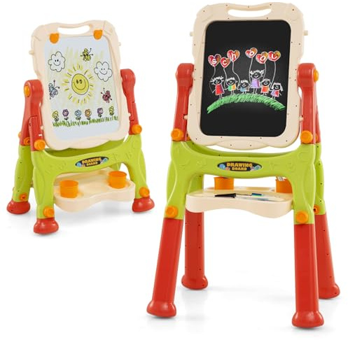 COSTWAY Cavalletto per Bambini, Lavagna Magnetica a Doppia Faccia Regolabile in Altezza, Tavolo da Disegno Staccabile con Manico Portatile e 2 Tazze, per Bambini 3 Anni + (Arancia)