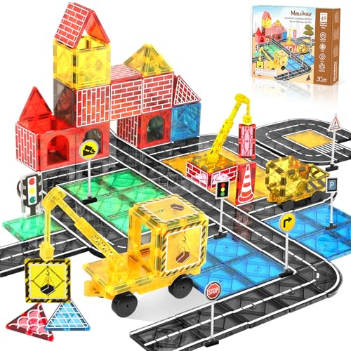 Magnetic Tiles Road Set with Extendable Magnetic Crane for Kids - STEM Educational City Construction Toys for 3 4 5 6 7 8+ Year Old Boys and Girls, Creative Building Toys, Ideal Birthday Idea