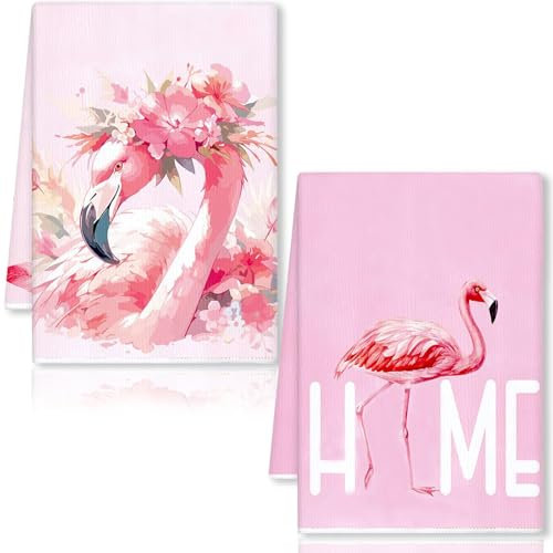 YEAMLTE Paños de Cocina, Juego de 2 Toallas de Cocina de Flamencos, 40 × 60 cm Toallas de Cocina de Verano, Paño de Secado de Cocina para Cocina, Baño, Hogar, Decoración (A)