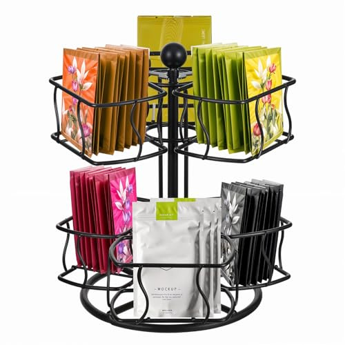 Lemecima Tea Bag Organizer, 360 Degree Tea Spining Carousel with 6 Compartments, Sugar Coffee Creamer Caddy for Kitchen Counter Cabinet , Up to 60 Storage
