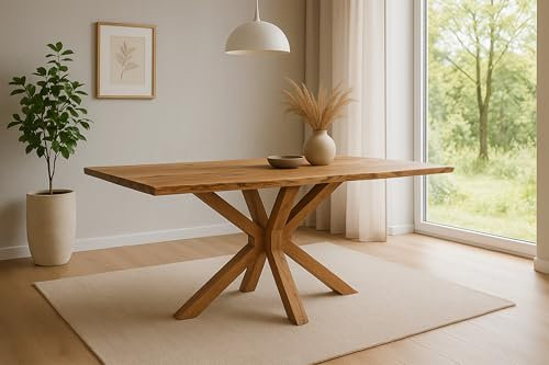 SAM Esstisch Prag | 140 x 80 cm | Akazienholz massiv | Farbe: Natur | echte Baumkante | Spider-Gestell Holz | pflegeleichter Esszimmertisch/Baumkantentisch/Küchentisch