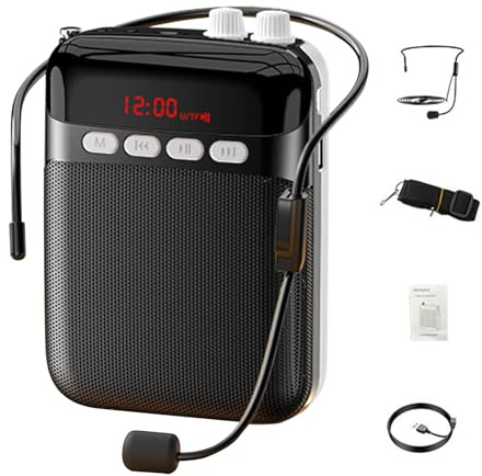 Bärbar röstförstärkare: Kompakt ljudförstärkning med uppladdningsbart batteri | 11 x 9 x 4 cm | Justerbar rem | Mikrofonhögtalare för undervisning, träning, sång, guide, presenterar
