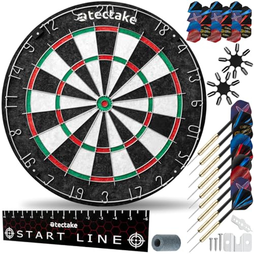 tectake® Jeu de fléchettes standard, Cible flechette en sisal, 9 fléchettes Pointe métal, 21 ailettes, 16 protège ailettes, Taille fléchette, Matériel de montage, Ligne de départ, Jeu de flechette Pro