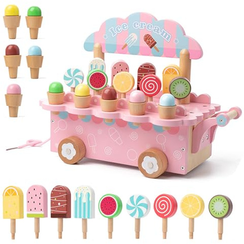 JurciCat Heladeria Juguete Madera Accesorios De Cocina para Juegos De rol con Espacio De Almacenamiento para Niños a Partir De 3 Años Juguetes Educativos Cumpleaños(Rosa)