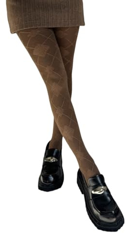 JSGHGDF Eleganti Collant Slank con Motivo Argyle Morbidi in Cotone per Donna, Calze Opache con Piedino, Leggings a Coste per Donna, Caff, Taglia unica