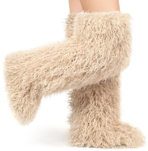 IXU Thigh High Fur Boots,Over the Knee Furry Boots for Women,Fuzzy Fluffy Tall Long Faux Boot Snow Winter Round Toe