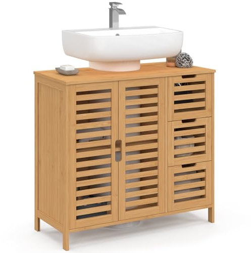 IDMarket - Mueble de baño de bambú BEA armario bajo lavabo con armario y 3 cajones