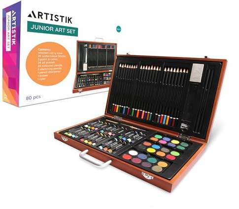 ARTISTIK Junior Art Set – 80-Piece Kids Art Kit with Wooden Case for Painting, Coloring, and Drawing – Professional Creative Arts and Crafts for Adults and Teens