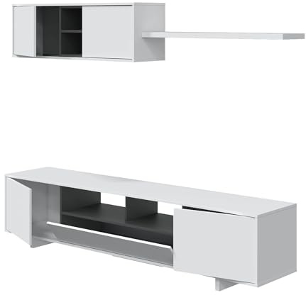 Esidra Dmora - Paroi aménagée Hartford, Meuble télé pour Le Salon, Composition d'ensemble de Salon, Ensemble de Salon avec Meuble Haut, 260x41h46 cm, Blanc Brillant