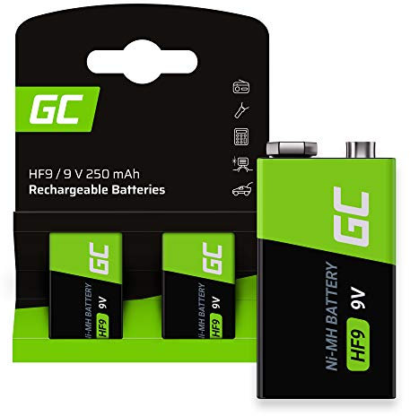 Green Cell 2 Pilas Recargables Ni-MH de 9 V, 250 mAh, 9 V, HF9, 9 V, Listas para Usar, Baja autodescarga, sin Efecto Memoria, los detectores de Humo, Recargable Precargadas