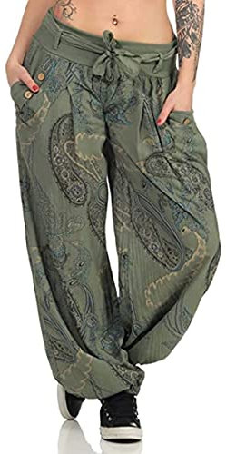 Onsoyours Damen Hosen Lang Bedrucken Pumphose Haremshose Sommerhose Yogahose Aladinhose Baggy Harem Stil Mit Elastischen Bund Armeegrün S