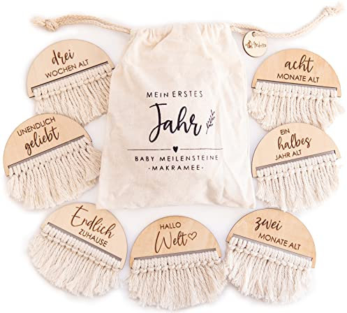 Makramee Meilensteinkarten Baby Holz auf deutsch - 20 Meilensteine auf besonderen Holzscheiben mit Makramee, Baby Meilenstein Karten ideal als Geschenk zur Geburt - Mikito