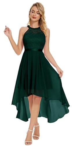 Wedtrend cocktailklänning dam elegant för bröllop hög låg elegant aftonklänning nackhållare chiffongklänning med spetsar, Mörkgrön, XL