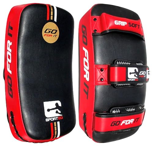 Sporteq Curved Thai Pads, Pair Kick Punching Strike Pads, Muay Thai Kickboxing (Red & Black)