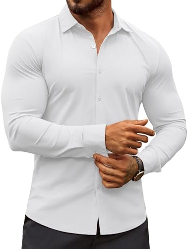 COOFANDY Men's Dress Shirts Wrinkle-Free Long Sleeve Slim Fit Dress Shirt Business Casual Button Down Shirt White