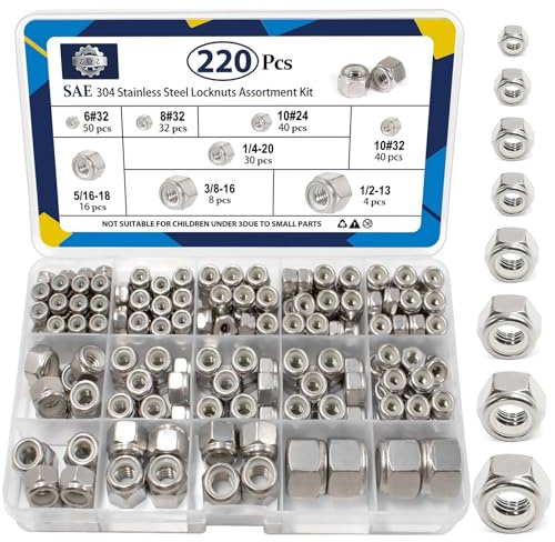 ZQZ 220 Pack SAE Nylon Insert Locknuts Assortment Kit,6#32 8#32 10#24 10#32 1/4-20 5/16-18 3/8-16 1/2-13 Nylock Nuts Sets,304 Stainless Steel Standard Inch Threaded Lock Nuts