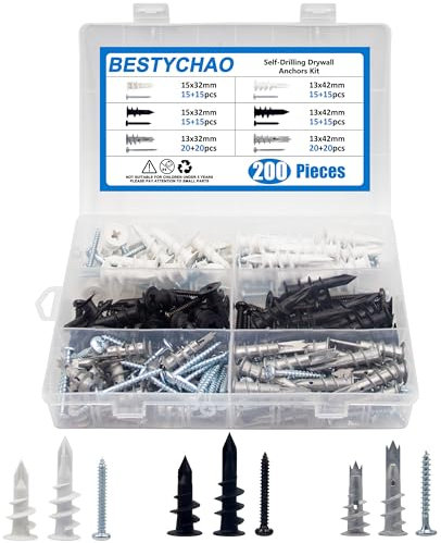 BESTYCHAO Trockenbau-Dübel-Kit, 200 Stück selbstbohrende Wandanker, 6 Größen Zink Mental & Nylon-Kunststoff 13x42mm 13x32mm 15x32mm Gips-Wandanker und Schrauben-Sortiments-Kit