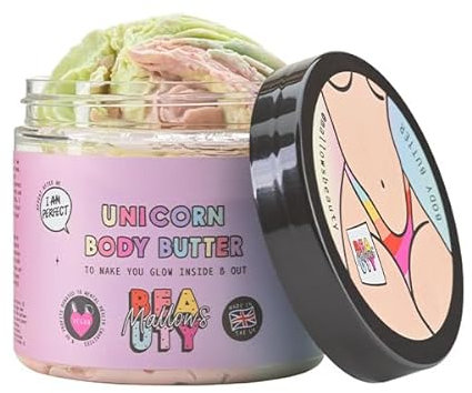 Mallows Beauty Unicorn Body Butter, Body Moisturiser with Essential Oils, Vitamin E, Coconut Oil, Cocoa Butter, Shea Butter, Non-greasy After-feel, 180g